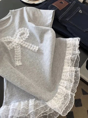 Hnewly Lace patchwork Short Sleeved T-shirt Ballet Style Sweet Bow Top Women's Korean Round Neck Loose Versatile Tee Casual Pullover