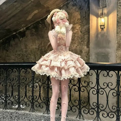 Hnewly Silver Moon Kawaii Lolita Ballet Style JSK Mini Dress Women Daily Sweet Pink Bow Lace Sling Princess Doll Dresses Y2k Vestidos