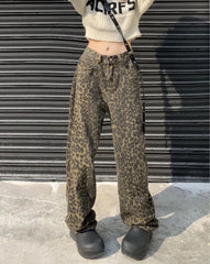Hnewly Vintage Leopard Print Pantalon Femme Wide Leg Pants Women High Waist Straight Y2k Jeans Casual Fashion Korean Jean Trousers