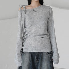 Hnewly Asymmetrical Off-shoulder Crop Top Grey Bandage Drawstring Long Sleeve Knitted T Shirts Korean Fashion Casual Tees Women