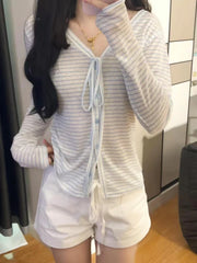 Hnewly Summer Sun-proof Striped Cardigan Coat Fashion Casual Long Sleeve Slim 2-piece Set Women's Design Sweet Hollow Out Sling Outfits