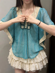 Hnewly Summer Y2k Aesthetic Two Pieces Set Wave Point Women Doll Collar Patchwork T-shirt + Lace Ruffled Sweet Mini Skirts Grunge Suit
