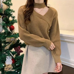 Hnewly Women Christmas Sweater Autumn Winter Long Sleeved Sweater Warm V-neck Off Shoulder
