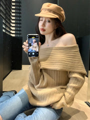 Hnewly Sexy Off Shoulder Sweater Women Long Sleeve Loose Top Fashion Gentle Elegant Knitwear Pullover Autumn Winter Female New