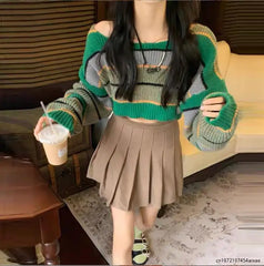 Hnewly Women Fashion Cropped Sweater Sexy Tops Women Black White Striped Loose Pullover Knitted Sweater Fashion Jumper