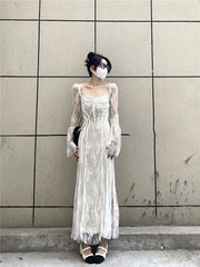 Hnewly Spring Vintage Lace Dress Women Casual Even Party Dress Korean Fashion Clothing Outwear Slim Bodycon Black Dress Female Y2k