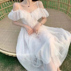 Hnewly Mesh Dress Woman Summer Low Chest Off Shoulder Lace-Up White Dresses Women Sexy Sweet Spaghetti Strap Dress