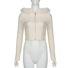 Hnewly trashy outfits Beige Furry Trim Hooded Cropped Sweater Cardigan Women Long Sleeve Zipper Outerwear Autumn Winter Coat Coquette Korean