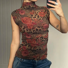 Hnewly Vintage Floral Print Crop Top Women Retro Sleeveless Turtleneck Skinny Tank Tops Harajuku y2k Tee Summer Casual Lady Vest