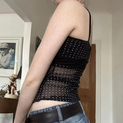 Hnewly Goth Dark Fashion Polka Dot Print Straps Tanks Top Cyber Y2K Mesh See Through V-neck Crop Tops E-girl Slim Streetwear Mall Camis