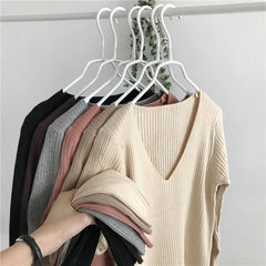 Hnewly Rib-knit Long Sleeve Top for Women Soft Stretchy V-neck Fitted Knit Top Sweater Pullover Ladies Autumn Winter Layering Outfit