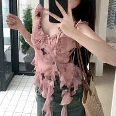Hnewly summer inspo y2k Tank Top Women Fairycore Clothing Butterfly Print Ruffle V Neck Sleeveless Vest with Flower Choker 2000s Streetwear