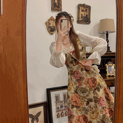 Hnewly Vintage Spring Autumn Oil painting Embroidery Long Woman French Floral Dress Lace Party Female Print Retro Elegant Fairy