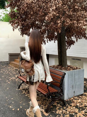 Hnewly American Retro Slim Fit Camisole Dress for Women+ Ruffles Long Sleeve Knitted Cardigan 2024 Autumn New Two Piece Sets