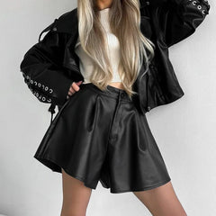Hnewly Black Leather Shorts Women Autumn Winter Pleated High Waist Sexy Pu Shorts Casual Wide Leg Shorts Female Office Ladies