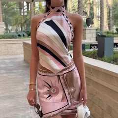 Hnewly Sexy Print Halter Top Mini Skirt Sets Women Lace Up Sleeveless Backless Top Asymmetric Skirts Summer Beach Holiday Suits