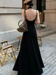 Hnewly Women Sexy Vintage Summer Backless Dresses Slit Fit Sleeveless Spaghetti Strap Halther Evening Dress Club Party Prom Chic New