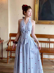 Hnewly Stripe Print Halter Neck Dress Women Summer Sexy Backless Bow Female Midi Dress Y2K Sweet Lace Patchwork Midi Vestidos Mujer