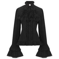 Hnewly Elegant French Style Solid Shirt for Women Stand Flare Long Sleeve Lace Embroidery Ruffles Bandage Top Gothic Vintage Blouse