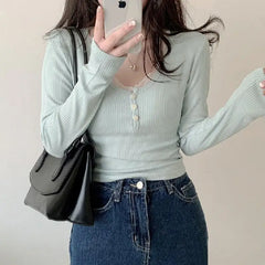 Hnewly Women's T Shirts Long Sleeve Slim Lace Button Kawaii Tshirts Female Y2k Tops Casual Tees Pulovers 2024 Spring New Woman Clothin