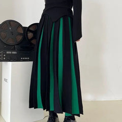 Hnewly Fashion Black White Patchwork Skirts Woman Korean Elastic Waist Knitted Pleated A Line Skirt Lady Loose High Waist Maxi Skirts