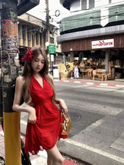Hnewly Woman Dresses Sleeveless V Neck Bandage Halter Backless Vintage Sexy Mini Dress Sweet Elegant Female Party Fashion