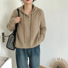 Hnewly Hooded Sweater for Women Loose Button Front Long Sleeve Rib Knit Pullovers Hoodie Fall Winter Teen-girl Casual Chic Outfit