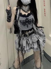 Hnewly Fashion Sweet Lace Slim Fit Camisole Tops Women+ Y2k Kpop High Waist Ruched Cake Skirts 2025 Summer New Two Piece Sets