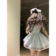 Hnewly Japanese Kawaii Sweet Short Party Dress Women Sleeve Y2k Vintage Plaid Mini Dress Female Elegant Chic Lolita Clothing Outfits