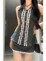 Hnewly Elegant Sweet 2 Piece Skirt Sets Female Lace Pleated Y2k Crop Top + Cute Mini Cake Skirts Japanese Lolita Vintage Suits Summer