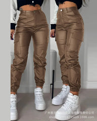 Hnewly Pocket Design Cuffed PU Leather Pants Women Black Solid Color Ankle Length Cargo Safari Pants Trousers Pockets New