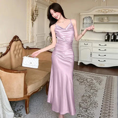 Hnewly Sexy Backless Satin Camis Dress Women Summer French Spaghetti Straps Slim Midi Dress Female Elegant Solid A Line Dress New