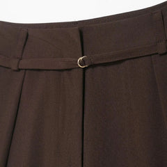 Hnewly New Women's Casual Fashionable Simple Thin Waist Belt Loose Pleated Wide Leg Trousers High Waist Brown Pants