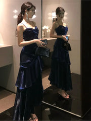 Hnewly Women Blue Elegant Sexy Long Dresses French Pleated Slip Sleeveless Prom Vestidos Birthday Evening Party Dress