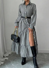 Hnewly Women's Autumn Temperament Check Shirt Dress Long Sleeve and Tiered Skirt Design Casual Fashion Cardigan Dress