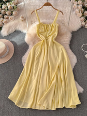 Hnewly Beach vacation dress for women sexy summer backless waist cinched slimming A-line large swing long suspender dress