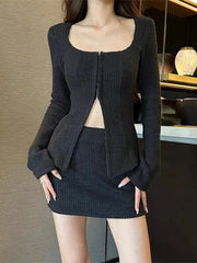 Hnewly 2025 spring fashion trend Autumn New Grey Casual Knitted Suits Sexy 2 Piece Skirt Set Woman Elegant Y2k Crop Tops + High Waist Slim Mini Skirt Korean