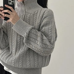 Hnewly Korean Fashion Half Zipper Sweaters Women Vintage Twisted Knitted Crop Pullover Casual Sueter Mujer Long Sleeve Tops