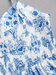 Lunivop Blue and white floral printed spaghetti strap sweetheart neck high waisted puffy dress