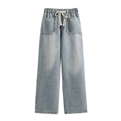 Hnewly XL-5XL Oversize Jeans Women's High Waisted Drawstring Wide Leg Denim Pants 2025 New Spring Autumn Loose Straight Leg Mop Pants