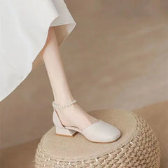 Hnewly Sandals for Women Outdoor Summer Beige Round Toe Tip One Word Block Heel Buckles Ladies Shoes Office Work Footwear Sale F H