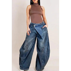 Hnewly Y2K Women Loose Denim Jeans Asymmetric Button Pocket Washed Jean Casual Harajuku High Street Grunge Denim Trouders Pants