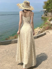 Hnewly Women's Sexy Hollow Lace Dresses 2025 Summer Elegant French Sling Floral A-Line Full Skirt Long Dress Fashion Holiday Vacation