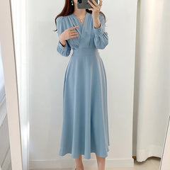 Hnewly Harajuku V-neck Puff Sleeve A-line Maxi Dresses for Woman Women Solid Color Midi Robe Korean Office Dresses Elegant Spring