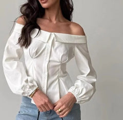 Lunivop New Spring Autumn French Sexy Off The Shoulder Office Lady Blouse Y2k Fashion Euramerican Slim Waist Draped Clothes Harajuku Top