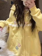 Hnewly Women Cute Cartoon Hoodies Vintage Lace Patchwork Loose Sweet Sweatshirts Fall Preppy Style Japan Pockets Lady Kawaii Tops