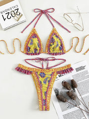 Hnewly Floral Printed Halter Ruffled Frilled Bikini Women Swimwear Female Swimsuit Two-pieces Bikini set Thong Bathing Suit Swim Lady