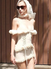 Hnewly Cutenew Slash Neck Sexy Dress Women Sweet Mesh Ruffles Shirring Sleeveless Patchwork Stretch Vacation Party Club Bodycon