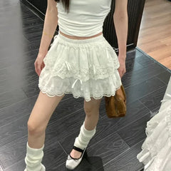 Hnewly Coquette White Lace Short Skirt Ruffle Women Sweet Bow Kawaii Mini Skirts Patchwork Layered A-line Aesthetics Skirt