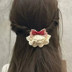 Hnewly 1pc Strawberry Jam Bowknot Ruffled Hair Clip, Sweet & Cute Lace Red Plaid Bow Hair Clip for Girls, Fashion Hair Accessory